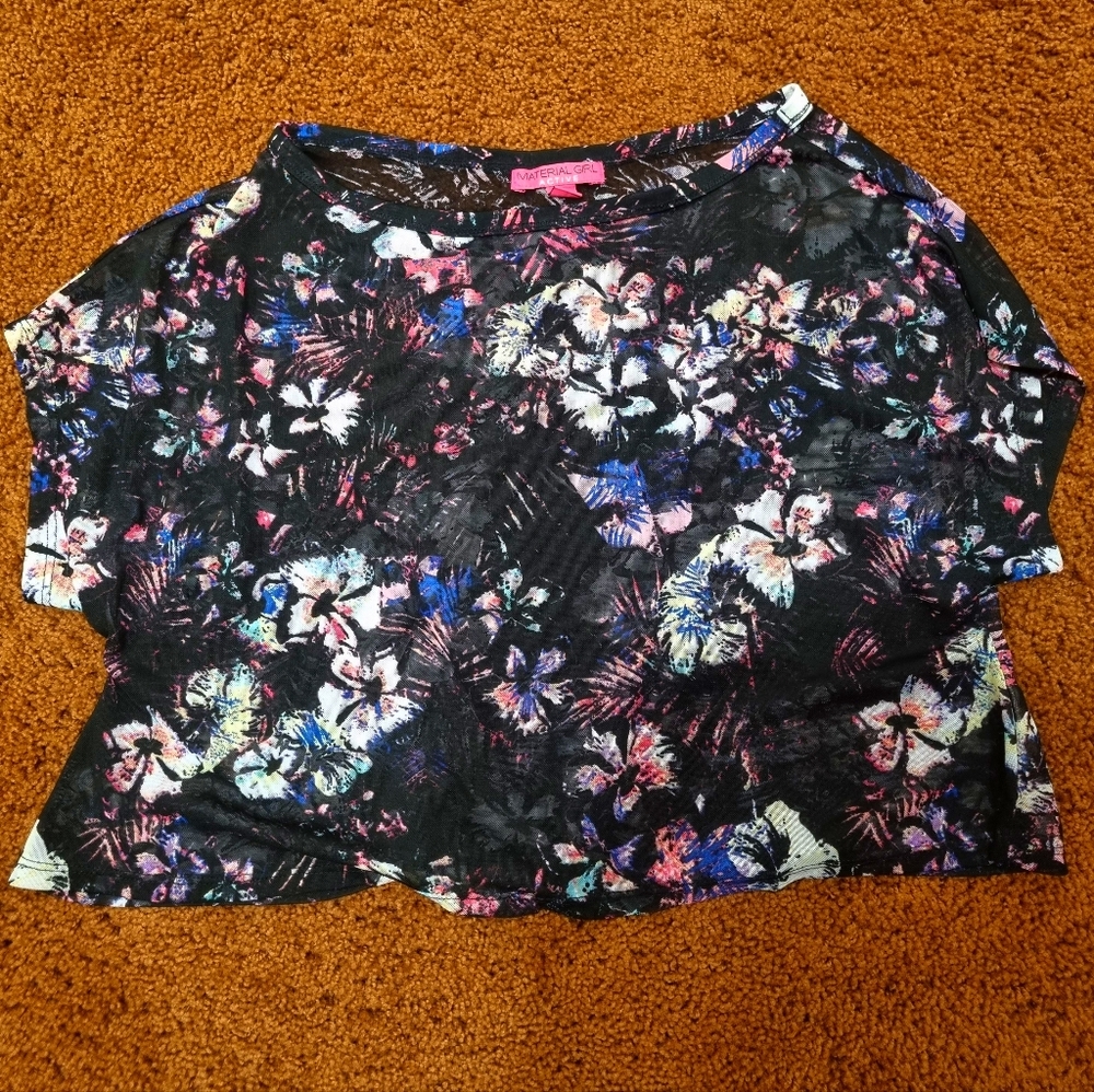 Black and Pink Floral Mesh Crop Top